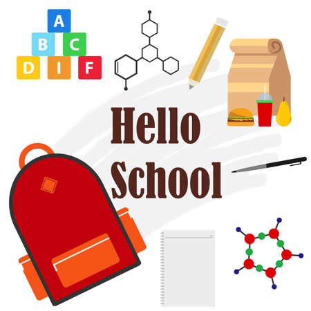 Banner Hello school, a schoolboy set. Flat design, vector illustration, vector.のイラスト素材