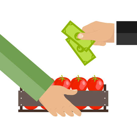 Money in exchange for food. Box with tomatoes. Flat design, vector illustration, vector.のイラスト素材