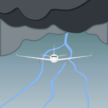 The plane flies in a thunderstorm, an airplane flying in thunderclouds. Clouds and thunderstorm. Flat design, vector illustration, vector.のイラスト素材