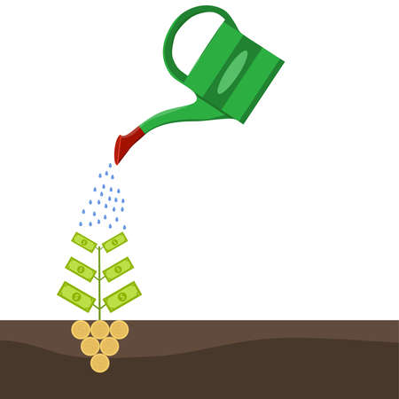 Watering can watering a tree with money. Flat design, vector illustration.のイラスト素材