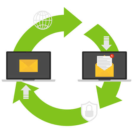 Exchange of mail between computers. A letter came to the computer. Flat design, vector illustration.のイラスト素材