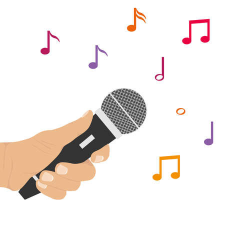 The hand holds the microphone. Microphone and notes. Flat design, vector illustration, vector.のイラスト素材
