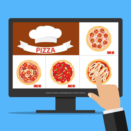 Online order pizza via the Internet. The choice of pizza on the computer. Flat design, vector illustration, vector.のイラスト素材