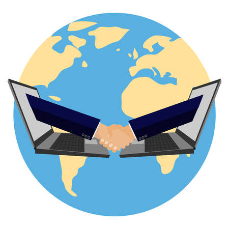 Businessmen shake hands from the computer. Handshake of businessmen. Flat design, vector illustration, vector.のイラスト素材