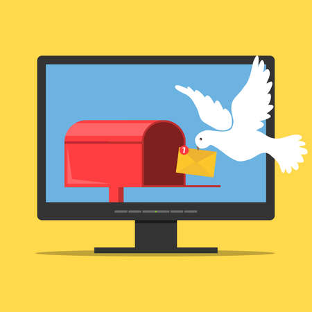 The mail pigeon brought the letter to the mailbox. The concept of receiving mail on the computer. A mail box on the computer monitor. Flat design, vector illustration, vector.のイラスト素材