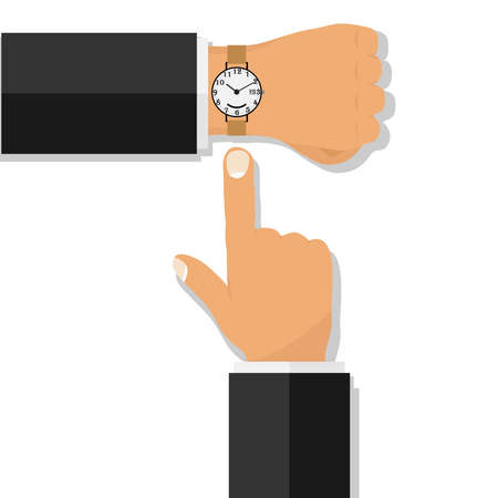 Hand with a wristwatch. The finger points to the clock. Flat design, vector illustration, vector.のイラスト素材