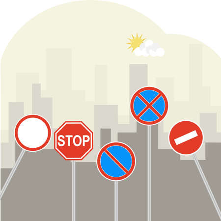 Road signs on a background of a city landscape. Prohibiting road signs. Flat design, vector illustration, vector.のイラスト素材