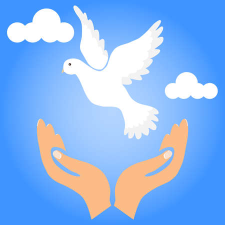 The dove of the world flies out of the hands. Release the dove of the world. Flat design, vector illustration, vector.のイラスト素材