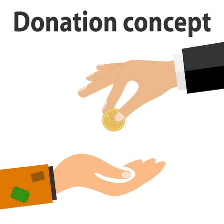 A hand with a coin donation to the poor. The rich give poor alms, vector illustration.のイラスト素材