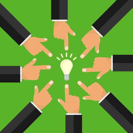 The index finger with a light bulb, many index fingers. The finger points to the light bulb. Flat design, vector illustration, vector.のイラスト素材