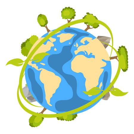 Earth planet icon with trees and ecology. Flat design, vector illustration.のイラスト素材