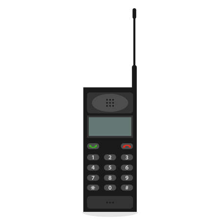 The old mobile phone is black with an antenna. Flat design, vector illustration, vector.のイラスト素材