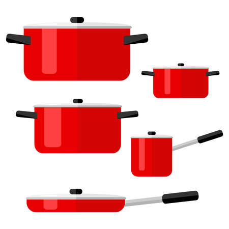 Pans, set of pots and pans. Kitchenware. Flat design, vector illustration, vector.のイラスト素材