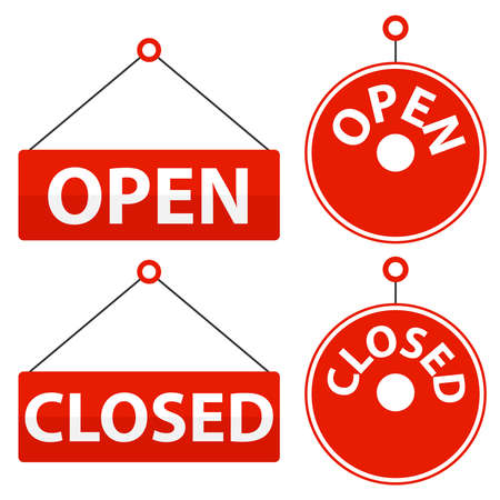 The tablets are open and closed. Red sign reading open and closed. Flat design, vector illustration, vector.のイラスト素材