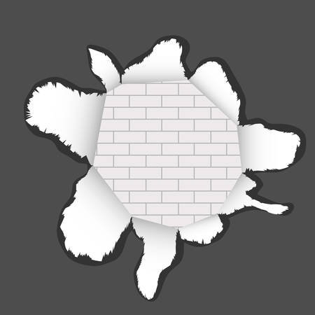 Torn realistic paper. Pieces of torn paper. A hole in a torn paper with a brick wall texture. Flat design, vector illustration, vector.のイラスト素材