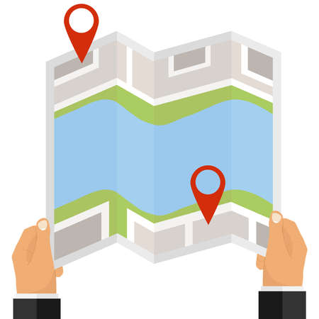 A man holds a map with a destination in his hands. Red mark on the map, location. Flat design, vector illustration, vector.のイラスト素材