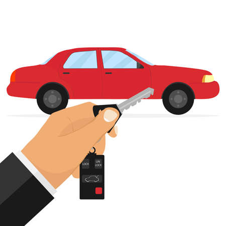 A man holds the keys to the car. The man wants to open the car door. Flat design, vector illustration, vector.のイラスト素材