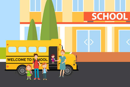 The pupils came to school. Pupils stand near a school bus. Flat design, vector illustration, vector.