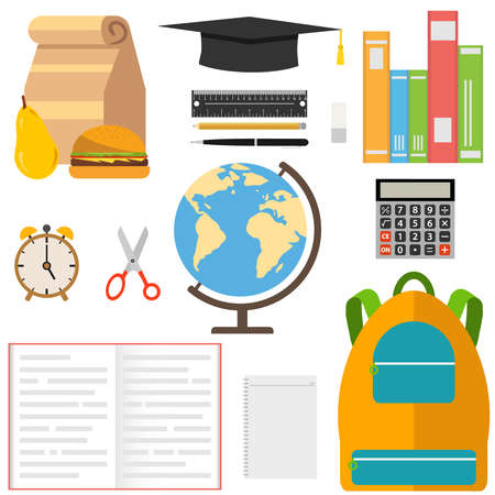 A set of school supplies. Globe, ruler, pencil, pen, book, scissors, graduate hat. Flat design, vector illustration, vector.のイラスト素材