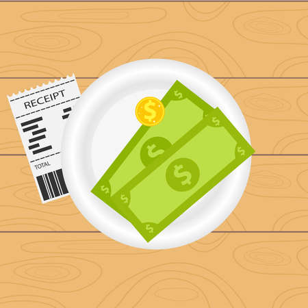 Payment of an invoice in a restaurant. Money lies on a white plate next to the bill for payment. Restaurant receipt flat design, vector illustration, vector.のイラスト素材