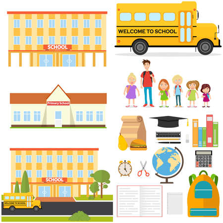 School, school supplies, pupils, school bus. Flat design, vector illustration.のイラスト素材