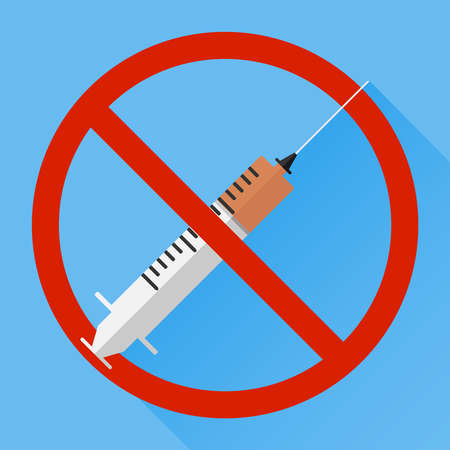 Stop the drugs. A syringe with drugs crossed out with a red stripe. Flat design, vector illustration.のイラスト素材