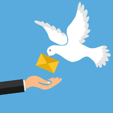 The mail pigeon brings a letter. Golub brought the letter into the man's hand. The concept of receiving mail. Flat design, vector illustration, vector.のイラスト素材