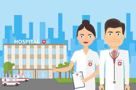 Doctor on the background of the hospital. The concept of medical treatment. Flat design, vector illustration, vector.のイラスト素材