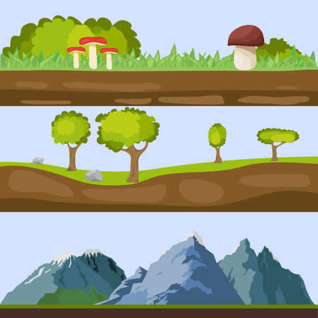Natural landscapes, forest landscapes. Trees, mountains, grass, stones. Flat design, vector illustration, vector.のイラスト素材