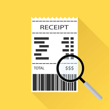 Magnifying glass with a receipt and a shadow. A magnifying glass looks at the receipt. White receipt on a blue background. Flat design, vector illustration, vector.のイラスト素材