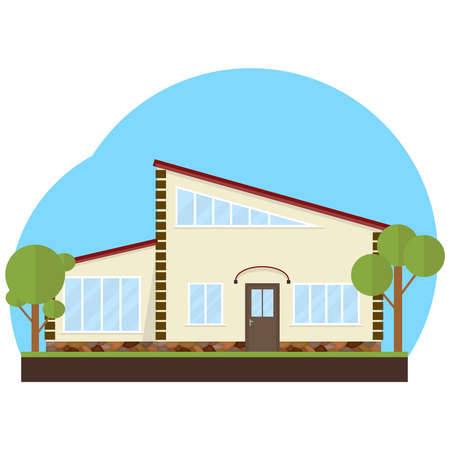 House, modern house on a blue background with trees. Flat design, vector illustration, vector.のイラスト素材