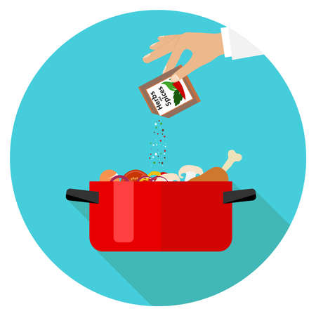 Cooking food, the cook cooks soup. The cook's hand adds spices to the pan. Flat design, vector illustration, vector.のイラスト素材