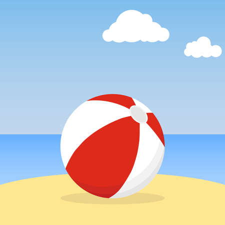 Beach ball lying in the sand. Beach ball against the blue sky. Flat design, vector illustration.のイラスト素材