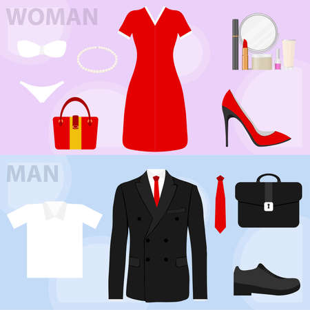 The concept of women's and men's clothing. Two horizontal banners with women's and men's clothing.のイラスト素材
