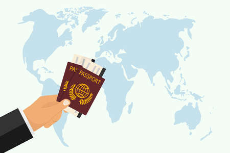 Passport with boarding pass in hand. The hand holds a passport against the background of the world map. The concept of travel. Flat design, vector illustration, vector.のイラスト素材