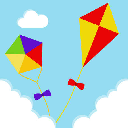 Kites fly in the clouds against the blue sky. Two realistic kites. Flat design, vector illustration,のイラスト素材