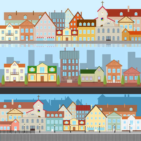 The landscape of the old city. Views of the old city. Street of the old town with a river. Flat design, vector illustration.のイラスト素材