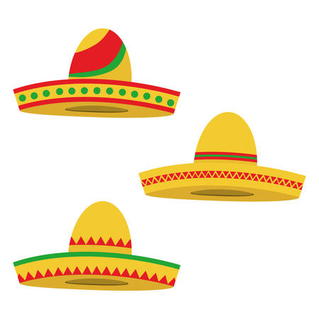 Sombrero, a set of Mexican sombrero. The cap of a Mexican. Flat design, vector illustration, vector.のイラスト素材