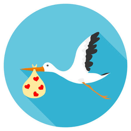 A stork is carrying a baby, a stork in its beak carries a package with a child, a stork and a child. Flat design, vector illustration, vector.のイラスト素材