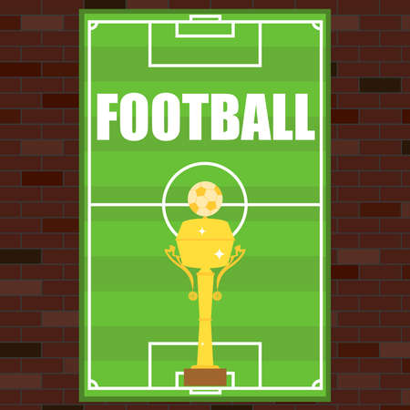 Football poster, poster in the form of a football field on a brick wall background. Golden Football Cup. Flat design, vector illustration, vector.のイラスト素材