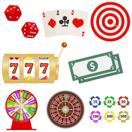 Gambling, gaming set gambling. Casino, wheel of luck, darts, dice. Flat design, vector illustration, vector.のイラスト素材