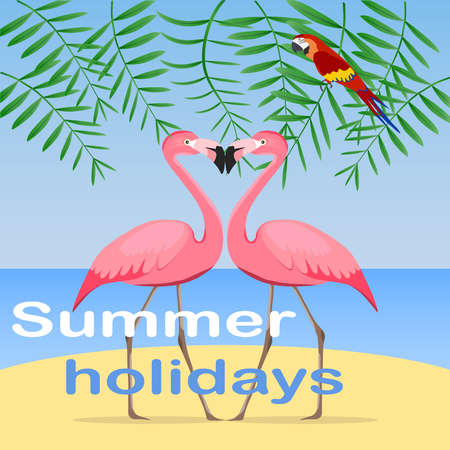 Summer holidays banner with flamingos and a parrot against the background of the sea and the leaves of a palm tree. Flat design, vector illustration.のイラスト素材