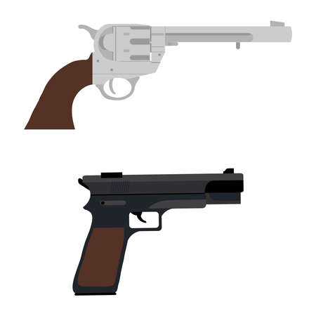 A revolver and a pistol. A set of retro pistols. Flat design, vector illustration, vector.のイラスト素材
