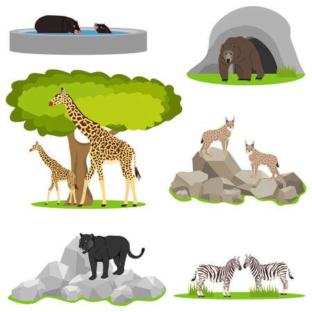 Animals in the zoo, a menagerie in the open air, animals in a cage. Flat design.のイラスト素材