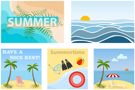 Summer banners, a set of five summer banners. Flat design, vector illustration, vector.