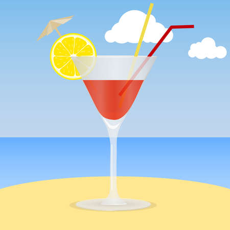 Cocktail on the beach. A glass of cocktail with an lemon slice on the sand against the background of the sea and sky. The concept of a beach holiday. Flat design, vector illustration, vector.のイラスト素材