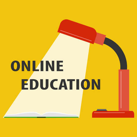 Online education. Banner in the form of a desk lamp with an online education sign. Flat design, vector illustration, vector.のイラスト素材