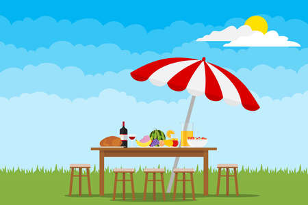 Picnic in nature. A table with food and chairs on green grass. Flat design, vector illustration, vector.のイラスト素材