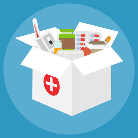 A box of medicines. A large white box with a set of medicines. Flat design, vector illustration, vector.のイラスト素材