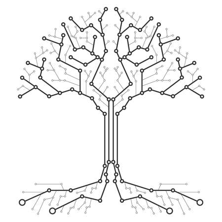 Technological tree in the form of a printed circuit board. Black and white wood in the form of connections of the technological board. Flat design, vector illustration, vector.のイラスト素材